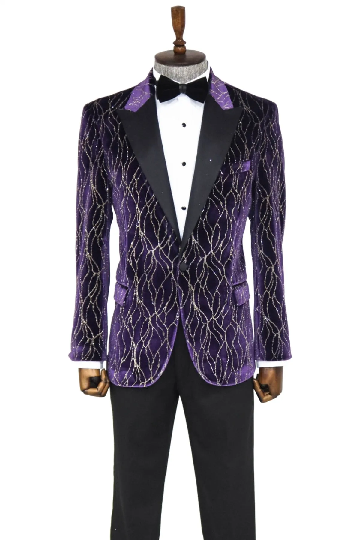 Gold Patterned Purple Men Singer Tuxedo  Blazer - Wessi