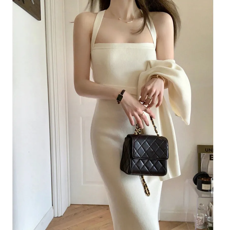 Halter Neck Knitted Dress Long Sleeve Shawl Set