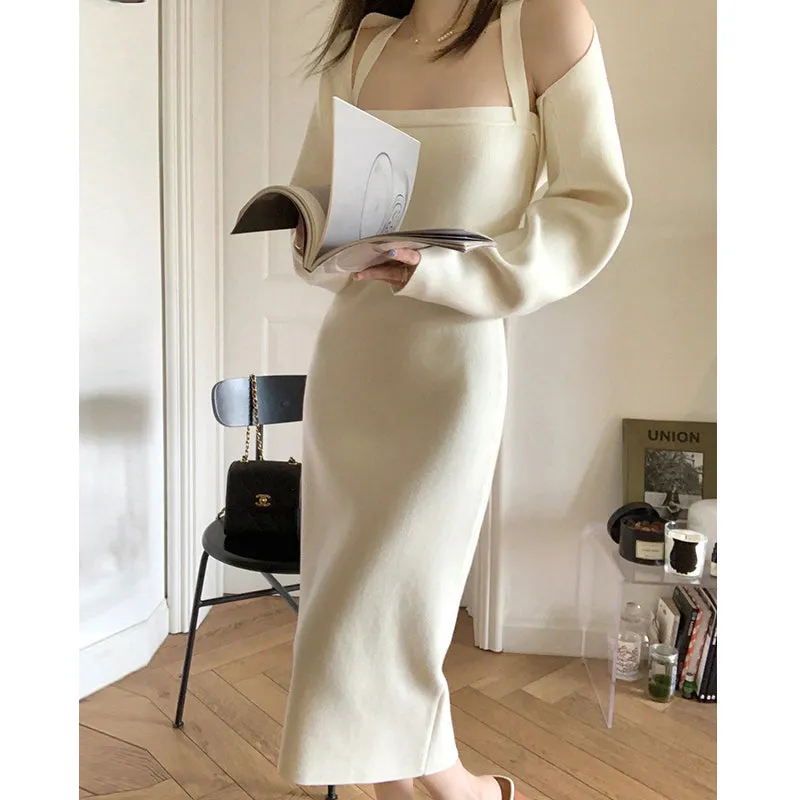 Halter Neck Knitted Dress Long Sleeve Shawl Set