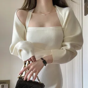 Halter Neck Knitted Dress Long Sleeve Shawl Set