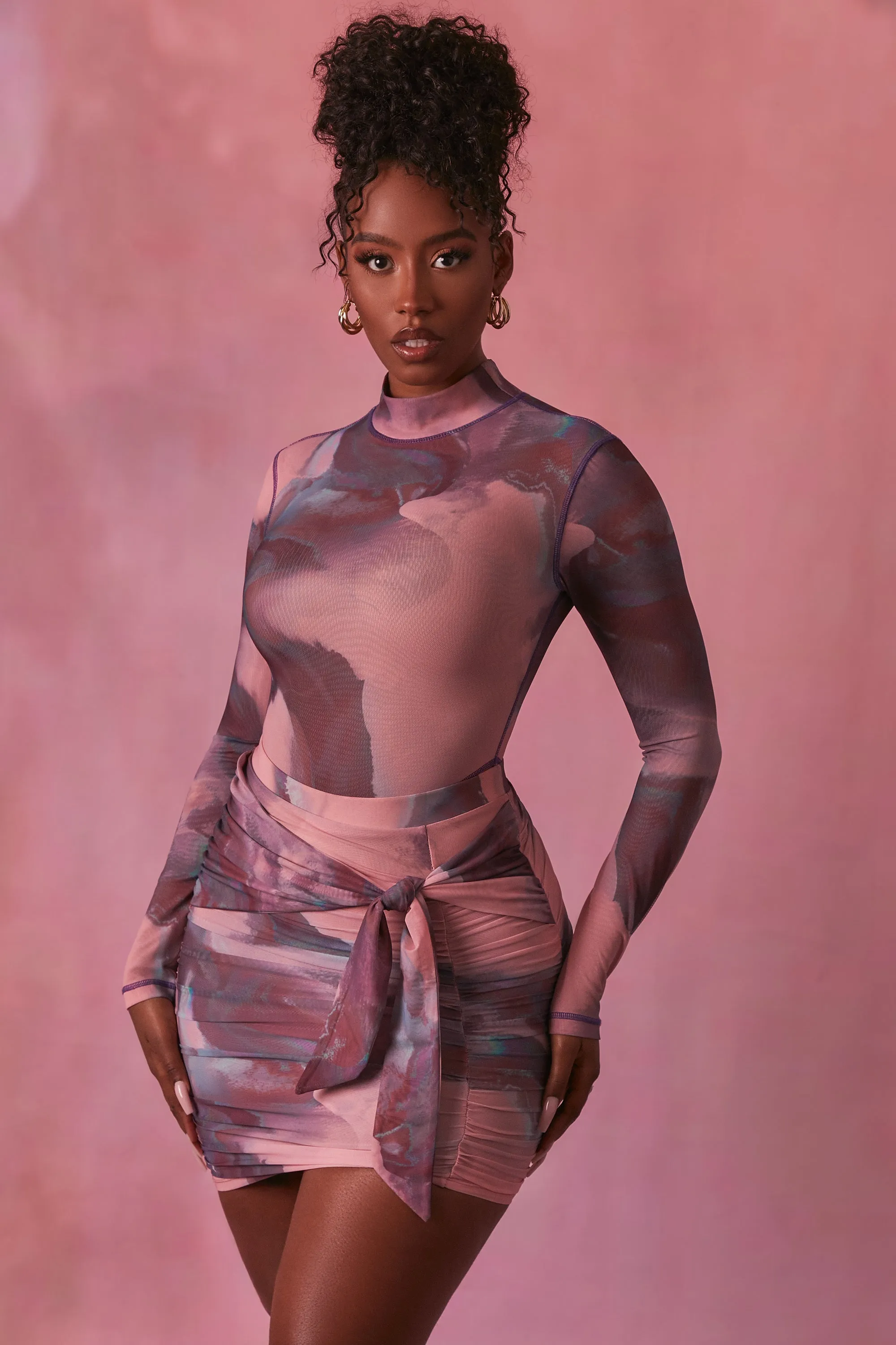 High Neck Long Sleeve Mesh Bodysuit in Blush