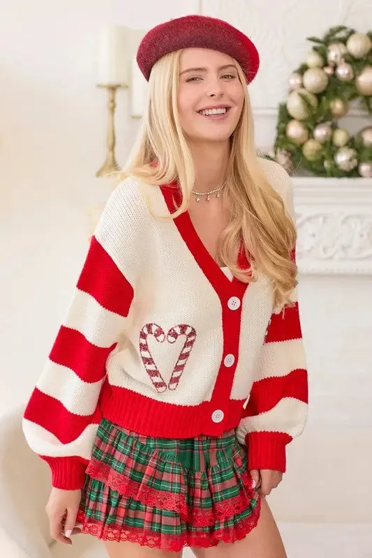 HOLIDAY CANDY CANE SWEATER KNIT CARDIGAN