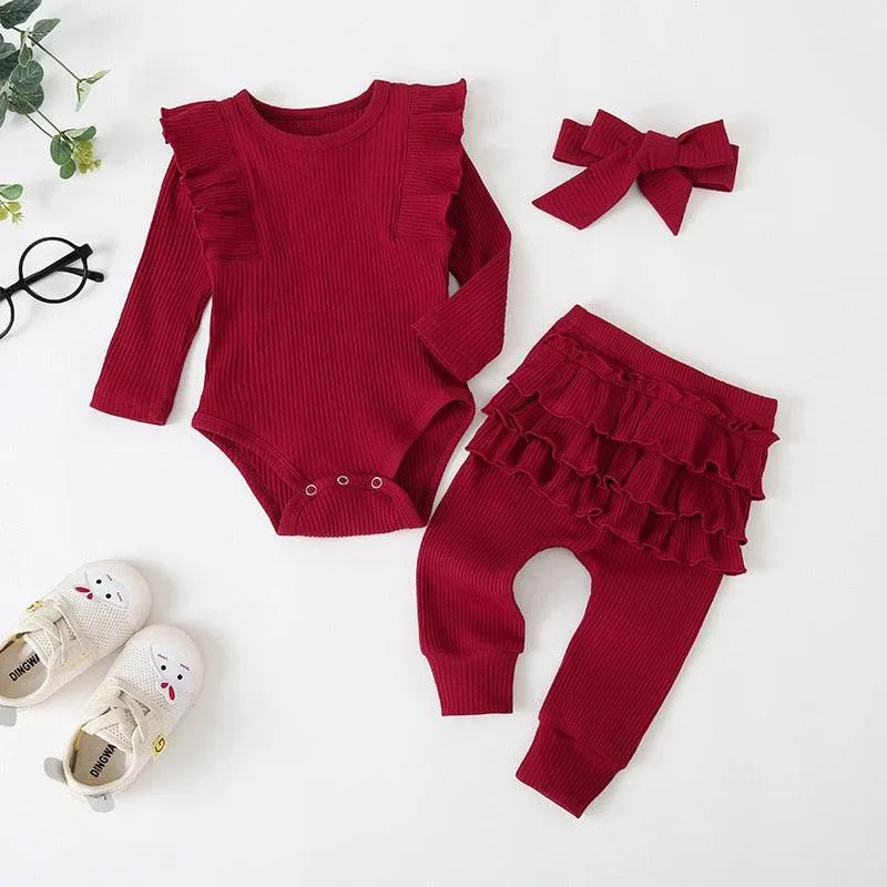 Infant Knitted Long-sleeved Laced Romper with Bow Headdress