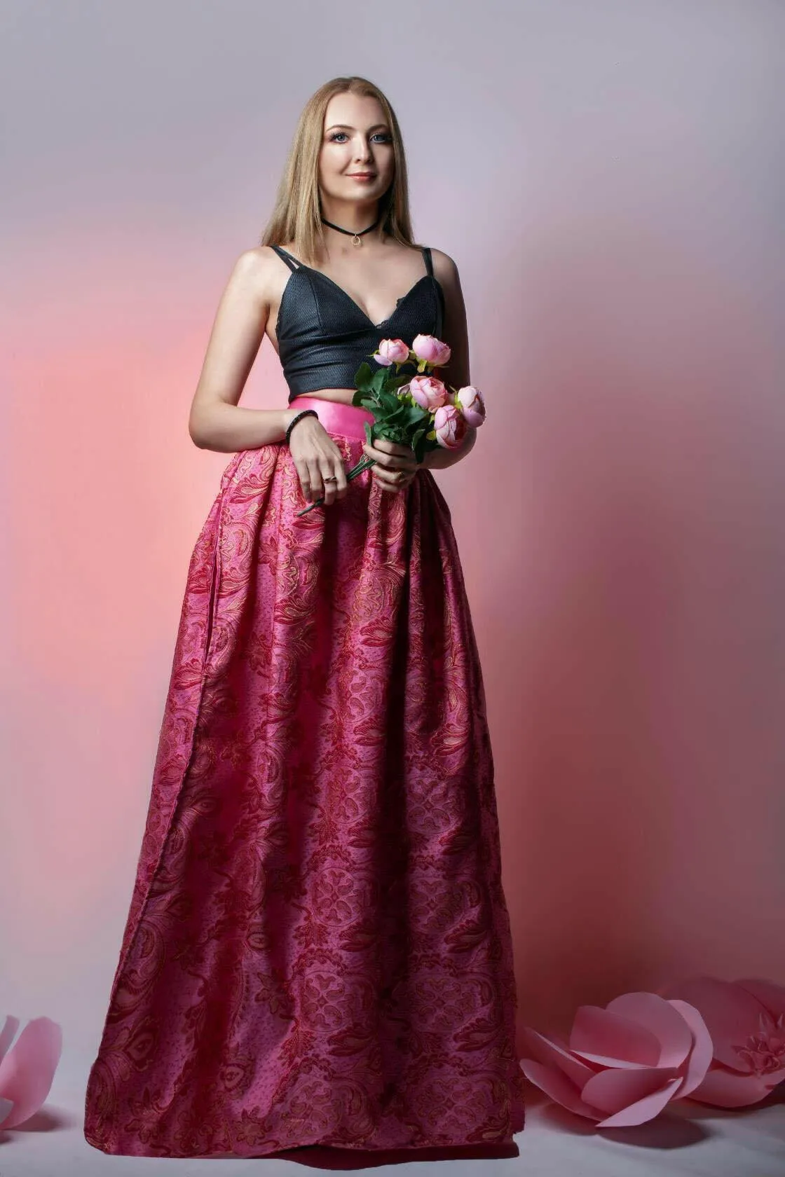 Just Breathtaking! Exclusive full shaped maxi skirt from thin exclusive floral pink brocade with gold. Skirt with trail.