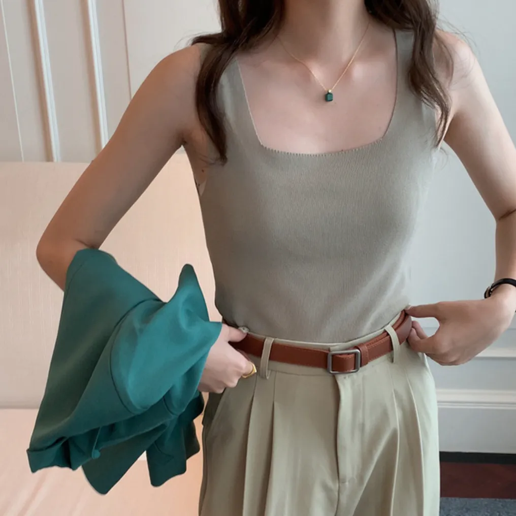 [Korean Style] 4 Colors Square Neckline Knit Tank Top