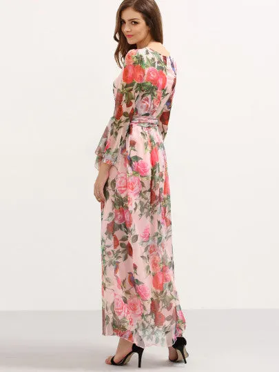 Ladies rose print maxi chiffon tie waist fashion dress