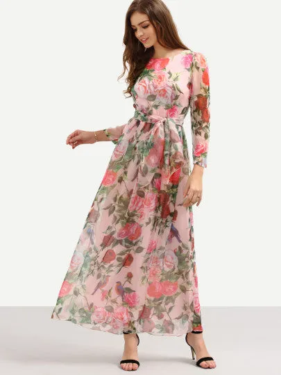 Ladies rose print maxi chiffon tie waist fashion dress