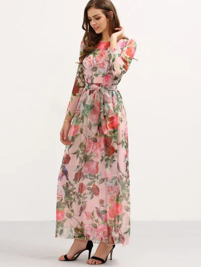 Ladies rose print maxi chiffon tie waist fashion dress