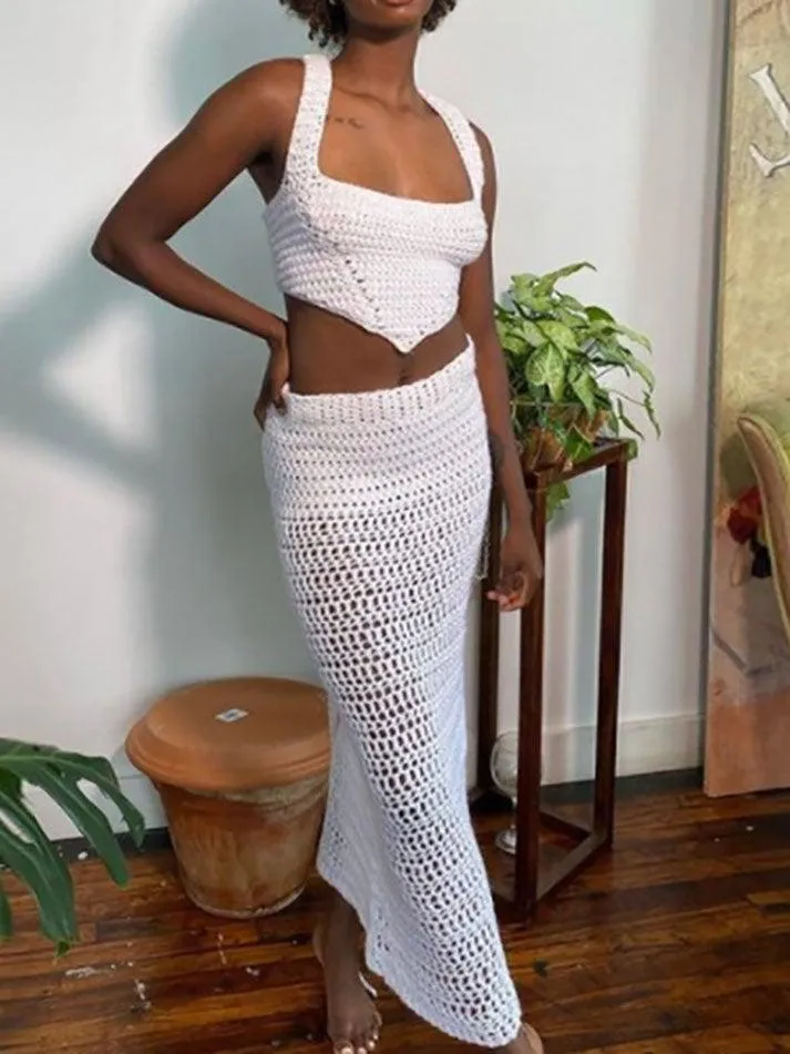 LANFUBEISI - Crochet Knit Skirt Set