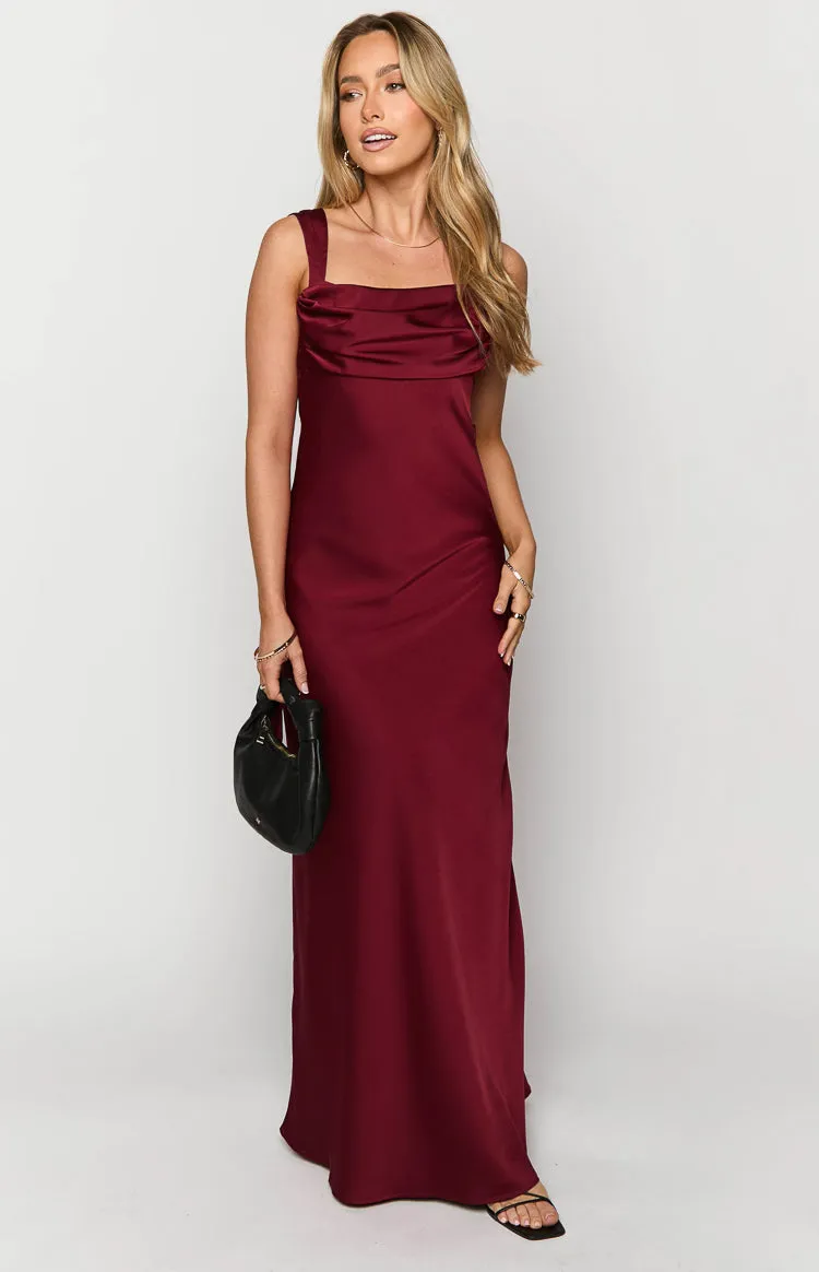 Laria Wine Satin Formal Maxi Dress