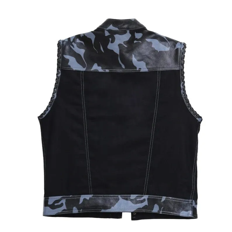 Leather vest Camo Style Denim Leather Motorcycle Vest Braided F1 Men's Leather Vest Biker Rider Club