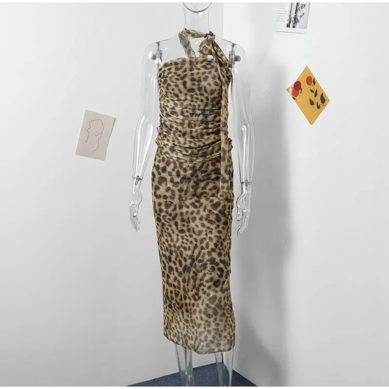 Leopard Print Wrapped Suit Backless Sleeveless Tops Skirts