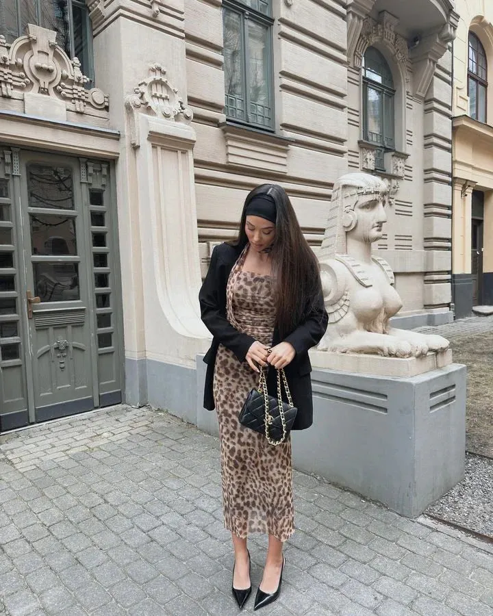 Leopard Print Wrapped Suit Backless Sleeveless Tops Skirts