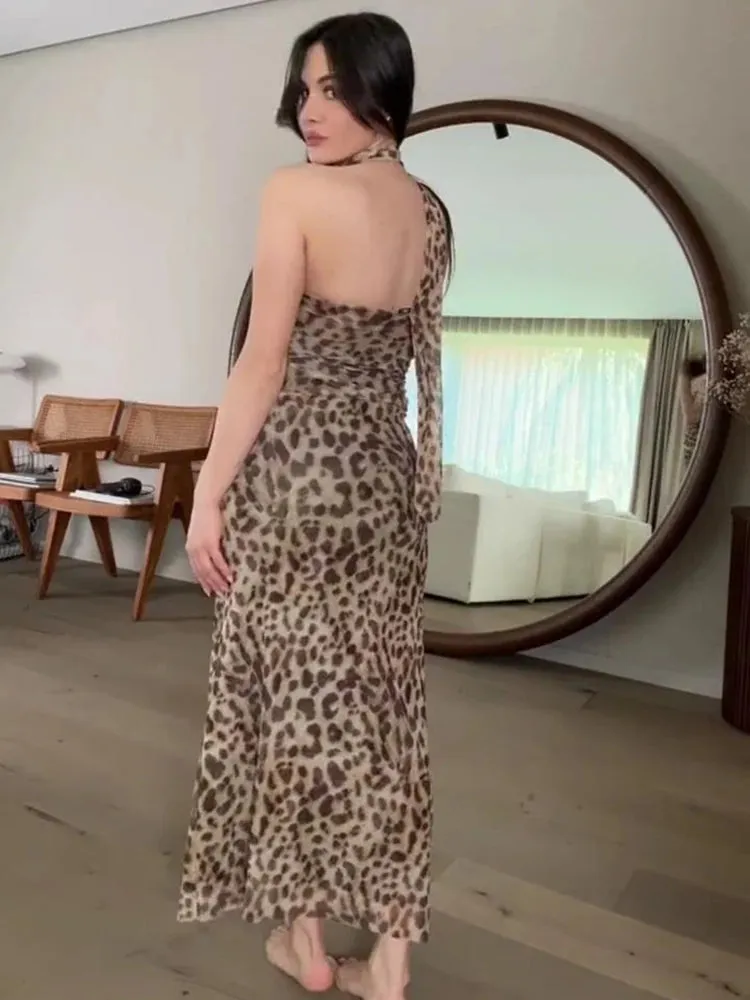 Leopard Print Wrapped Suit Backless Sleeveless Tops Skirts