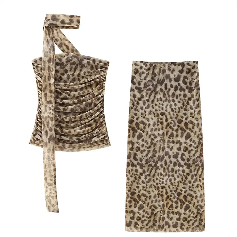 Leopard Print Wrapped Suit Backless Sleeveless Tops Skirts