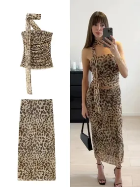 Leopard Print Wrapped Suit Backless Sleeveless Tops Skirts