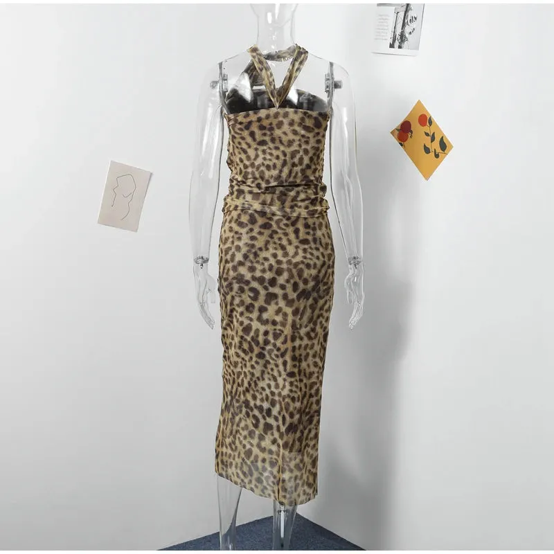 Leopard Print Wrapped Suit Backless Sleeveless Tops Skirts