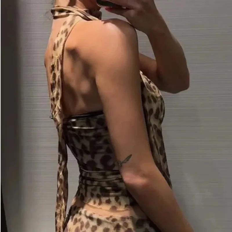 Leopard Print Wrapped Suit Backless Sleeveless Tops Skirts