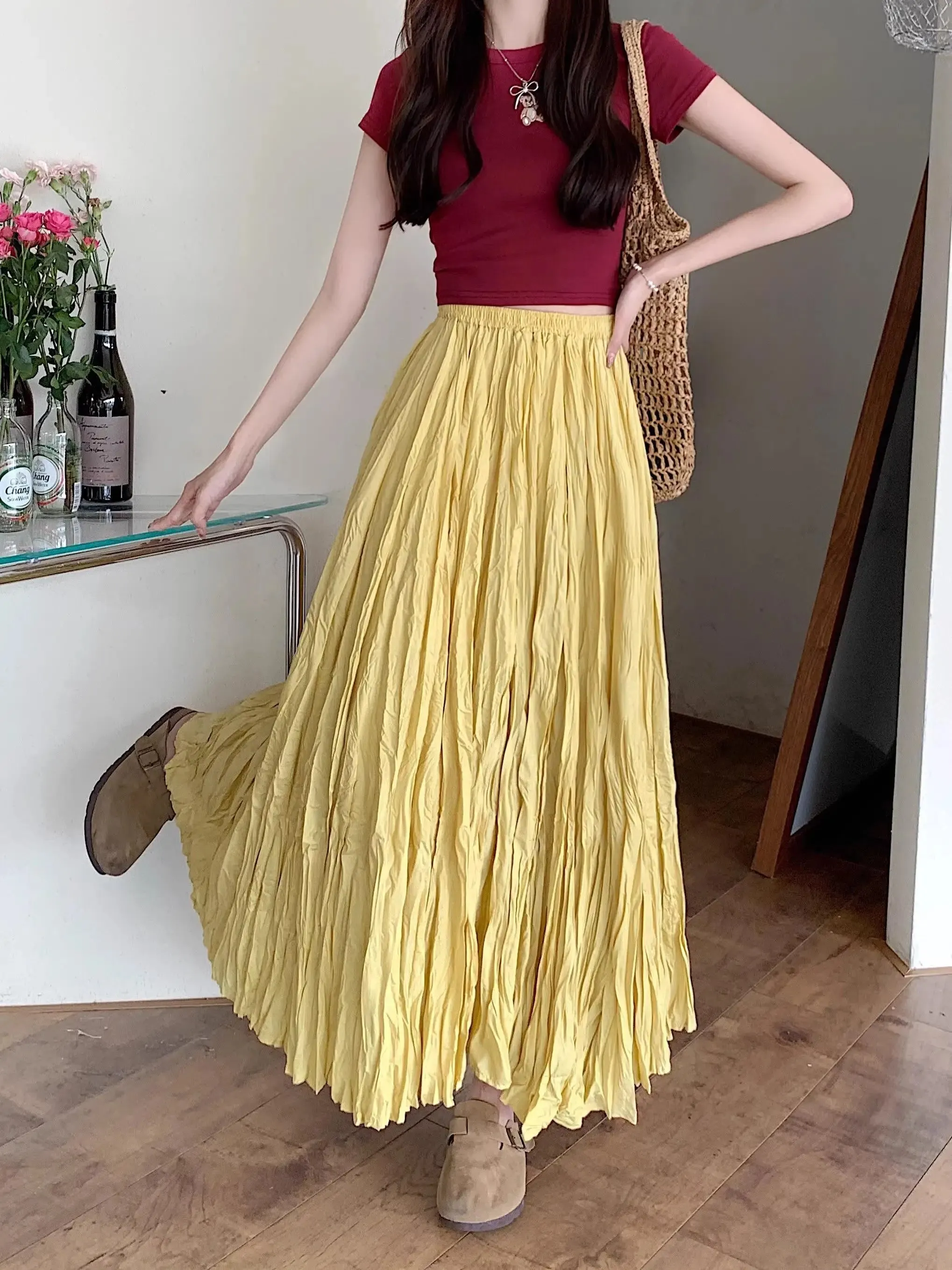 Light Loose Boho Fashion Pleated High Waist Skirt - One Size