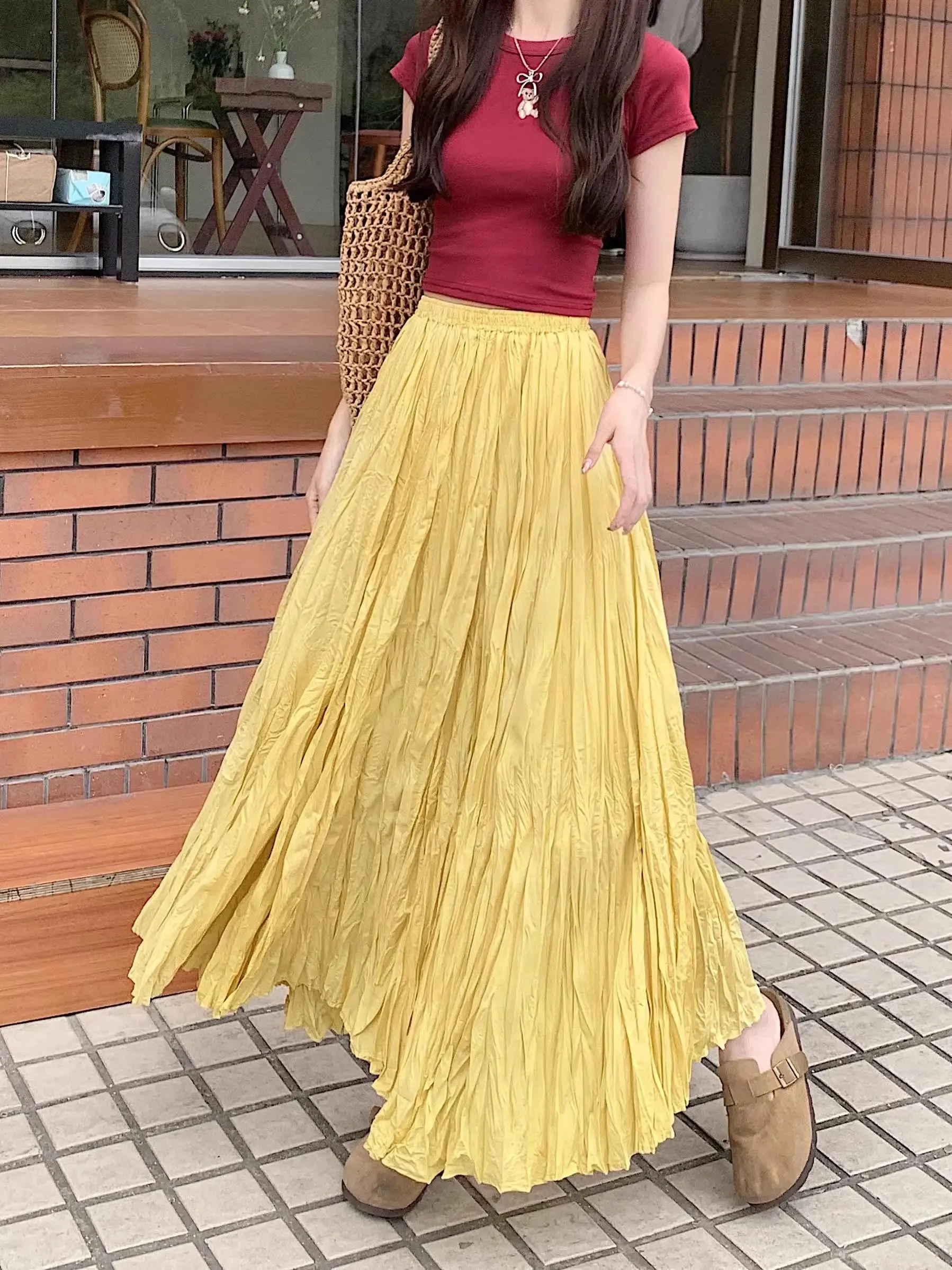 Light Loose Boho Fashion Pleated High Waist Skirt - One Size