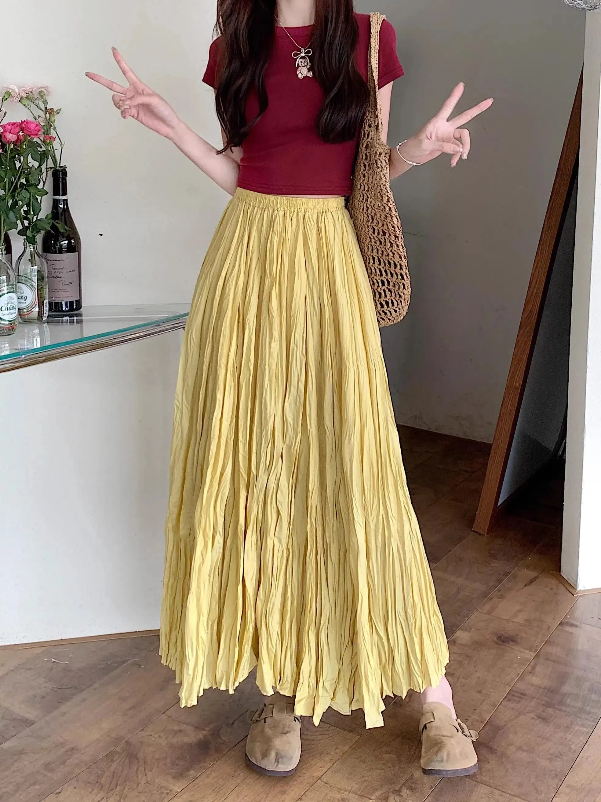 Light Loose Boho Fashion Pleated High Waist Skirt - One Size