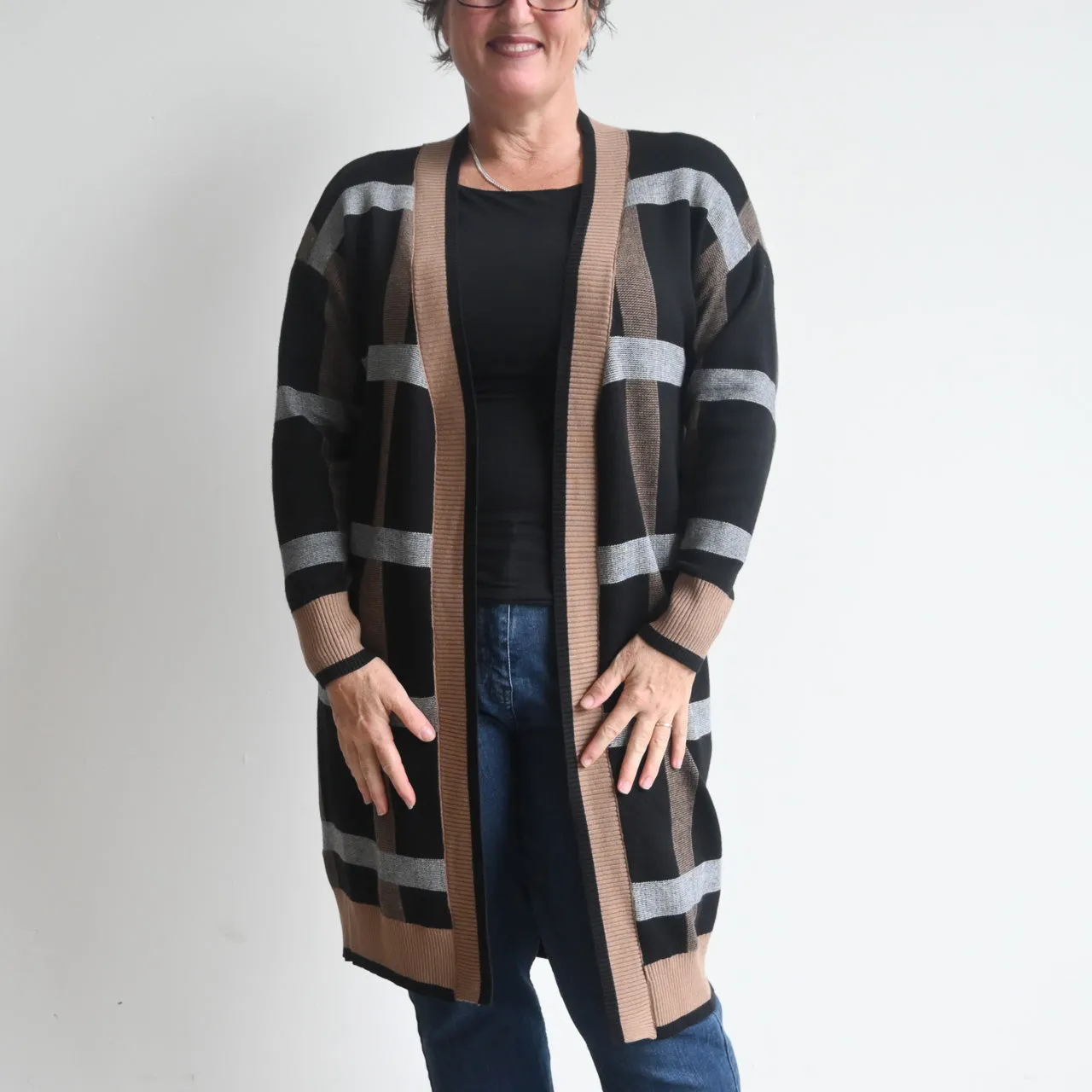 Long Plaid Knit Open Front Cardigan Jacket