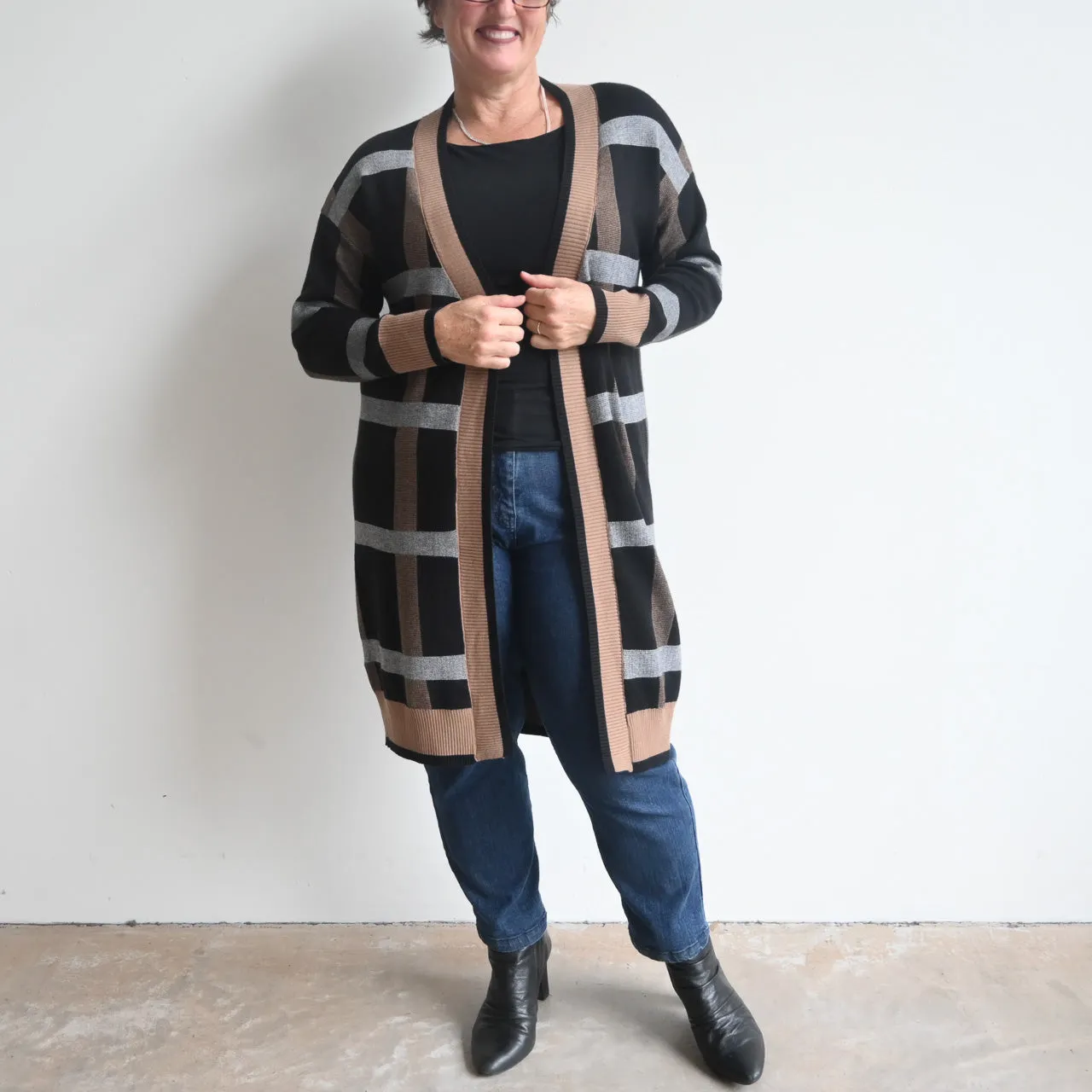 Long Plaid Knit Open Front Cardigan Jacket