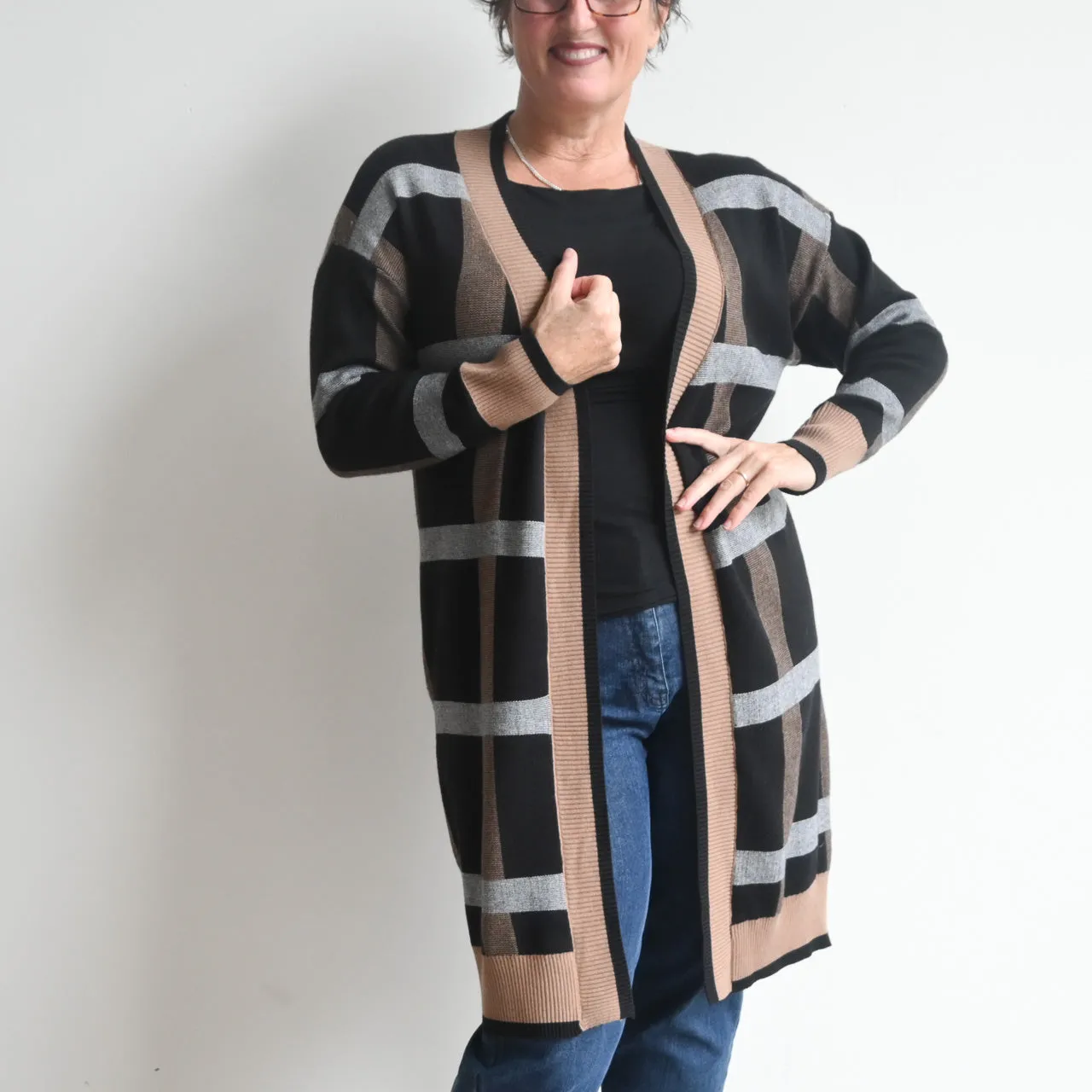 Long Plaid Knit Open Front Cardigan Jacket