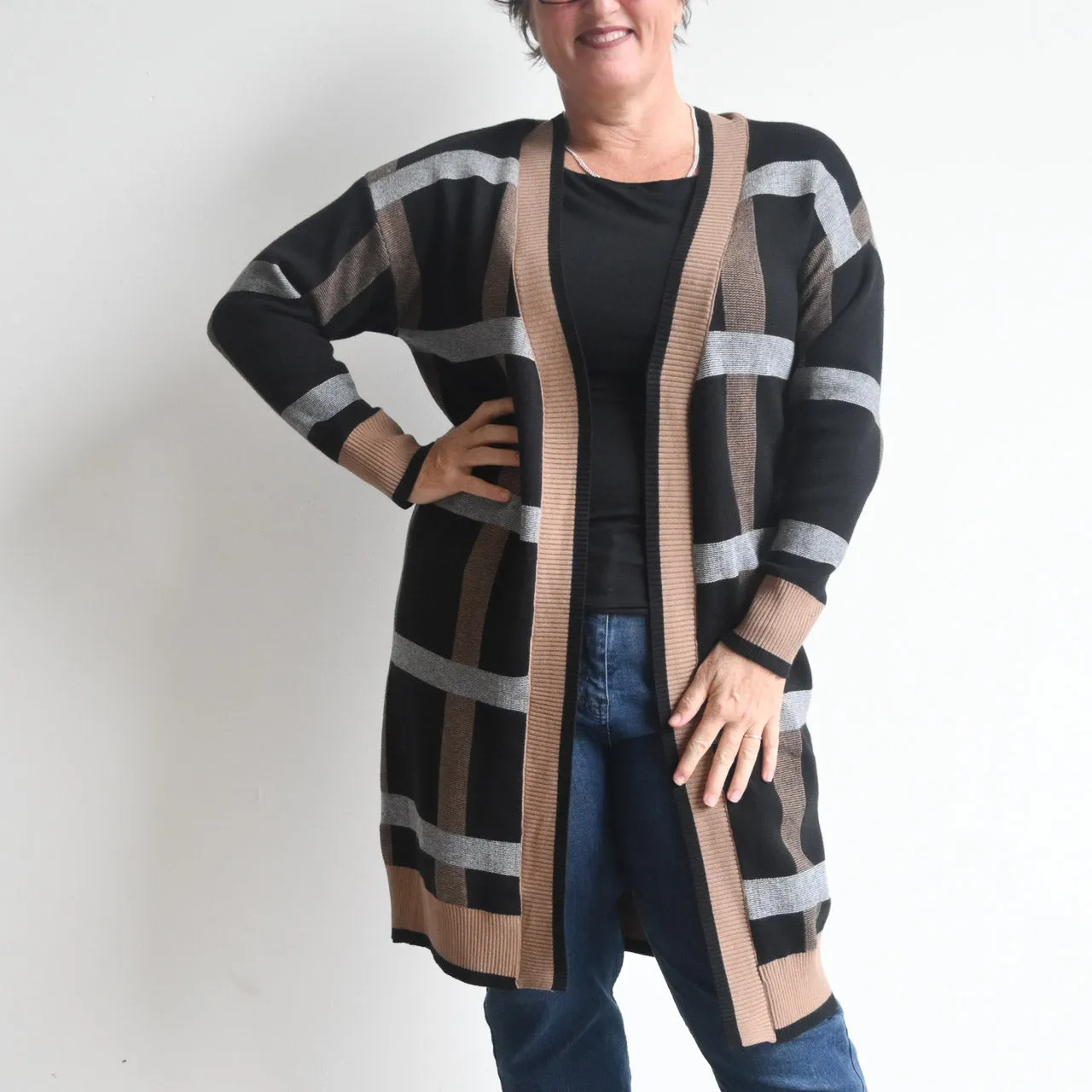 Long Plaid Knit Open Front Cardigan Jacket