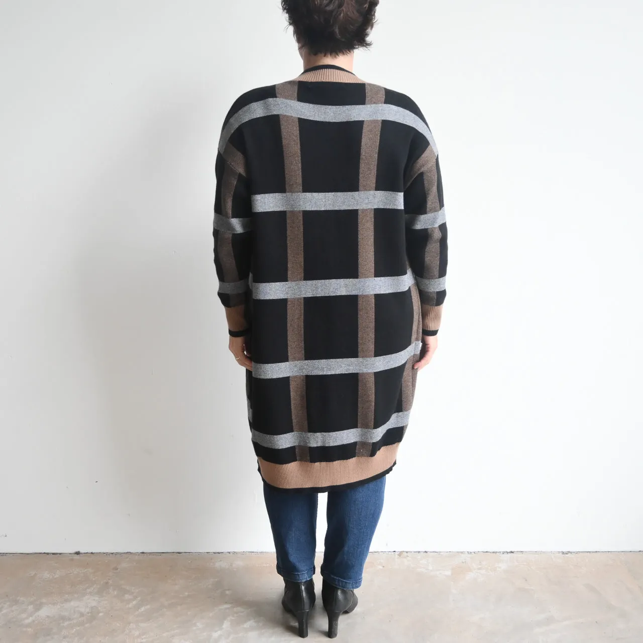 Long Plaid Knit Open Front Cardigan Jacket