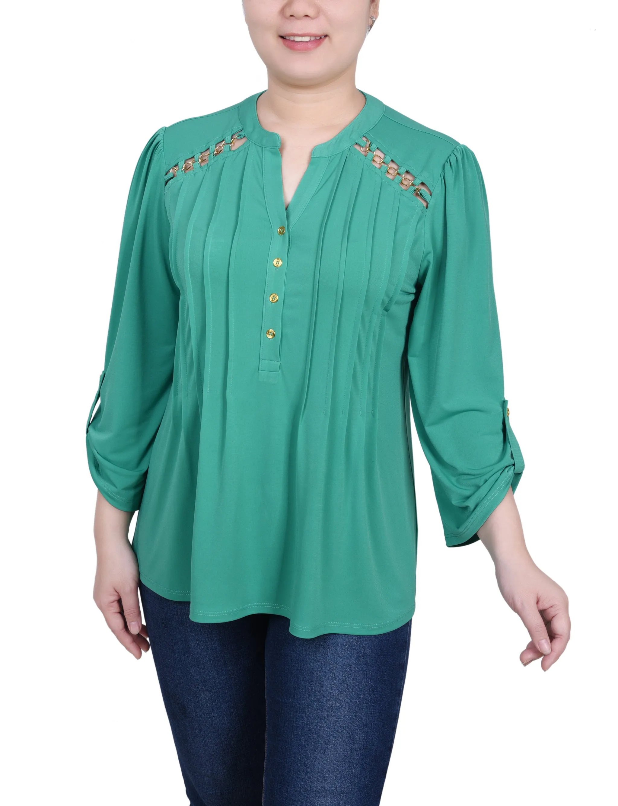 Long Sleeve Pintuck Front Top With Chain Details