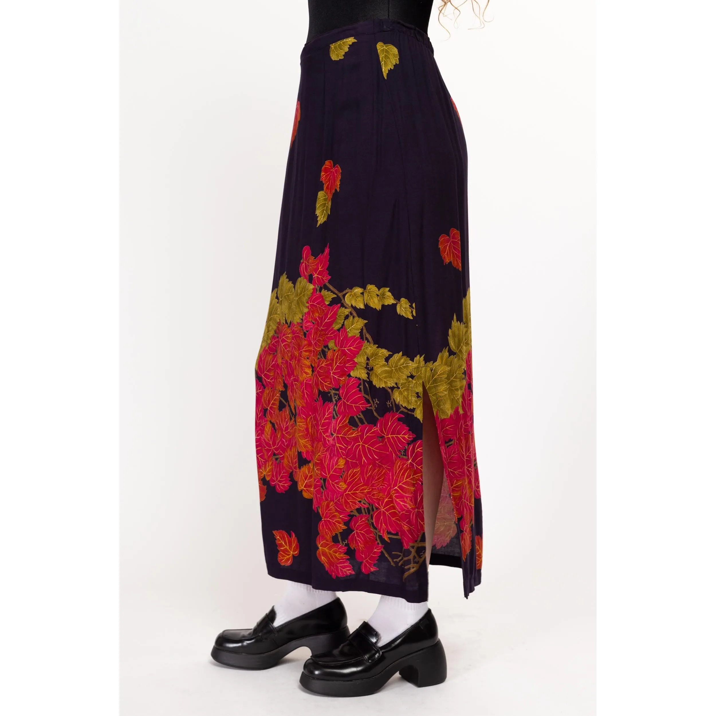 Medium 80s Fall Leaf Print Maxi Skirt