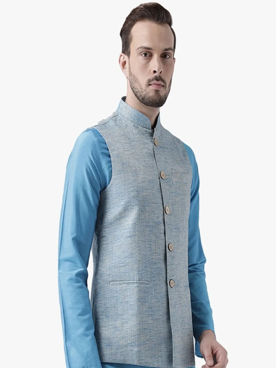 Men Blue Solid Nehru Jacket