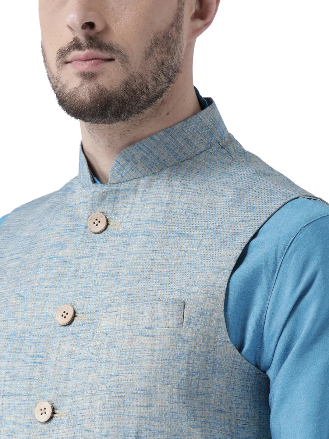 Men Blue Solid Nehru Jacket