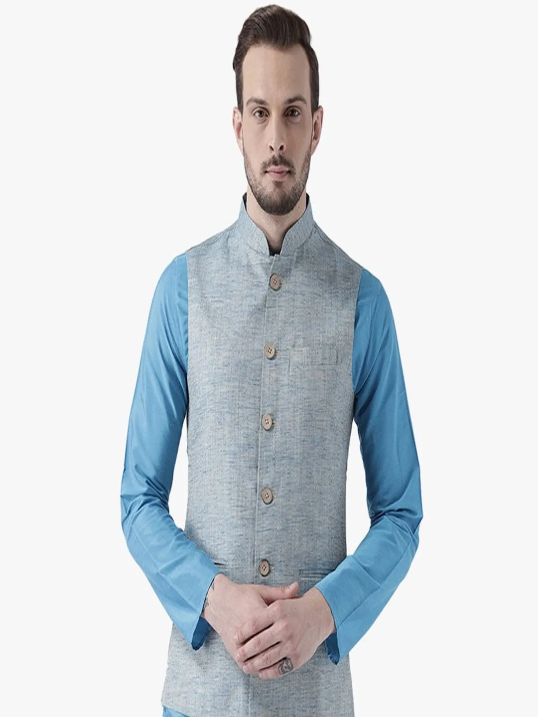 Men Blue Solid Nehru Jacket