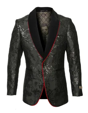 Mens Empire Black Paisley Blazer with Velvet Shawl Lapel and Red Trim