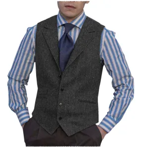 Men's Linen v Neck Classic Herringbone Tweed Notch Lapel Waistcoat