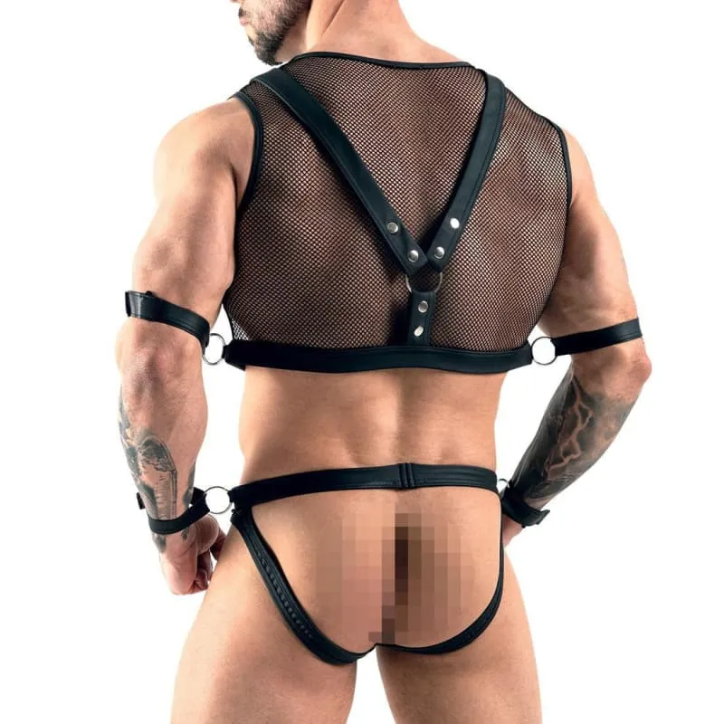 Mens Sexy Underwear Fish Net Outfit with Harness for Role Play