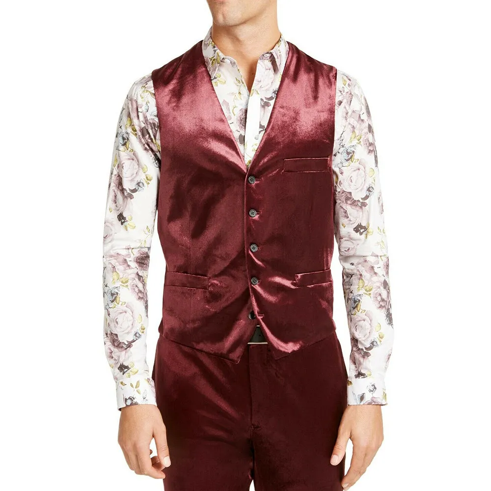 Men's Slim-Fit Shiny Velvet Vest,Burgundy