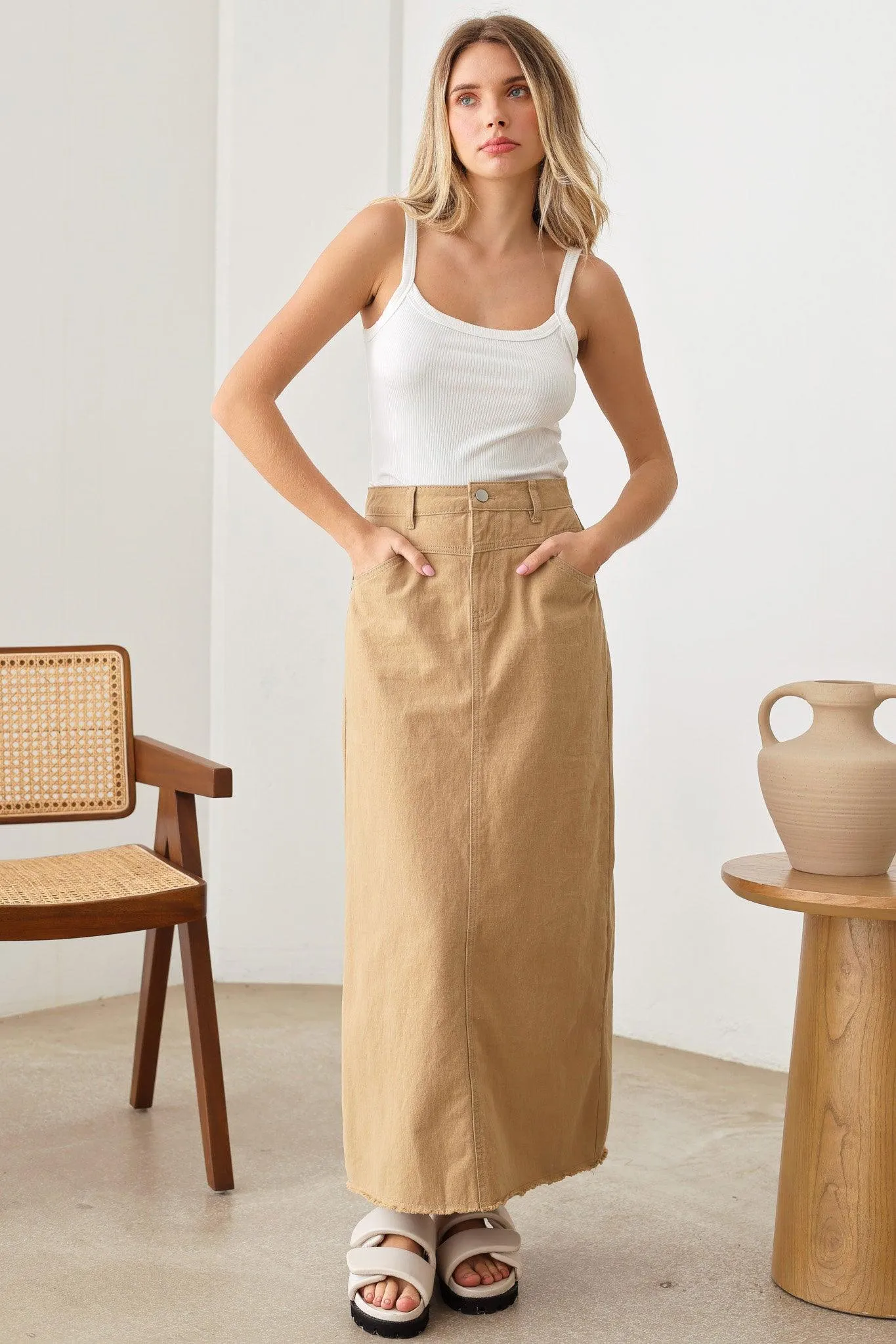 Mid Waist A-Line Frayed Hem Back Leg Slit Maxi Skirt