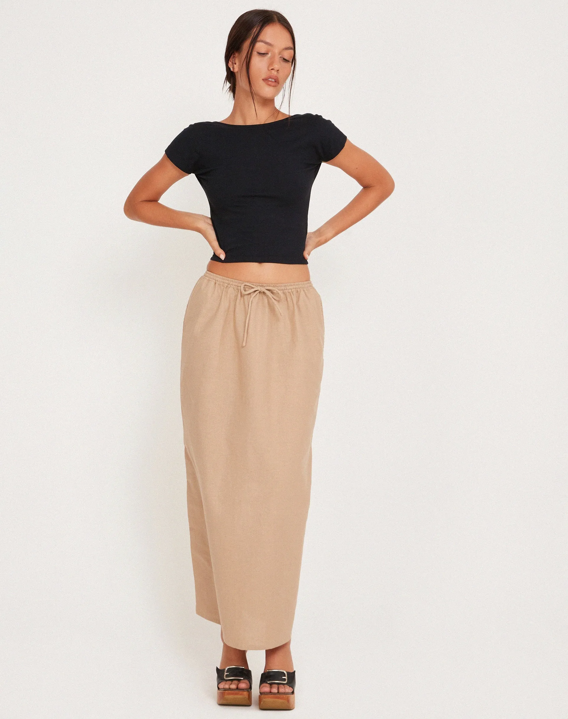 MOTEL X JACQUIE Joelene Tie Waist Maxi Skirt in Light Taupe