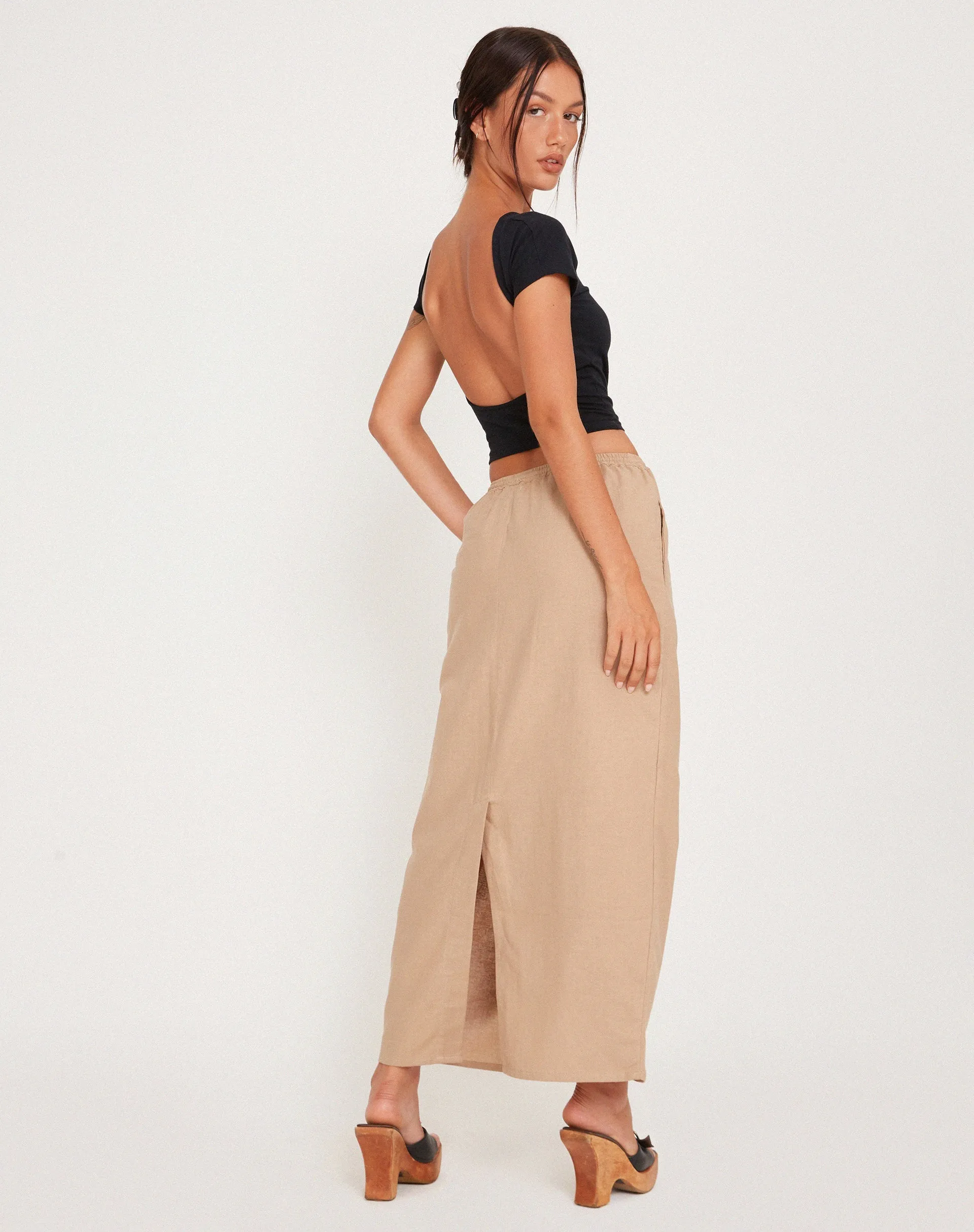 MOTEL X JACQUIE Joelene Tie Waist Maxi Skirt in Light Taupe