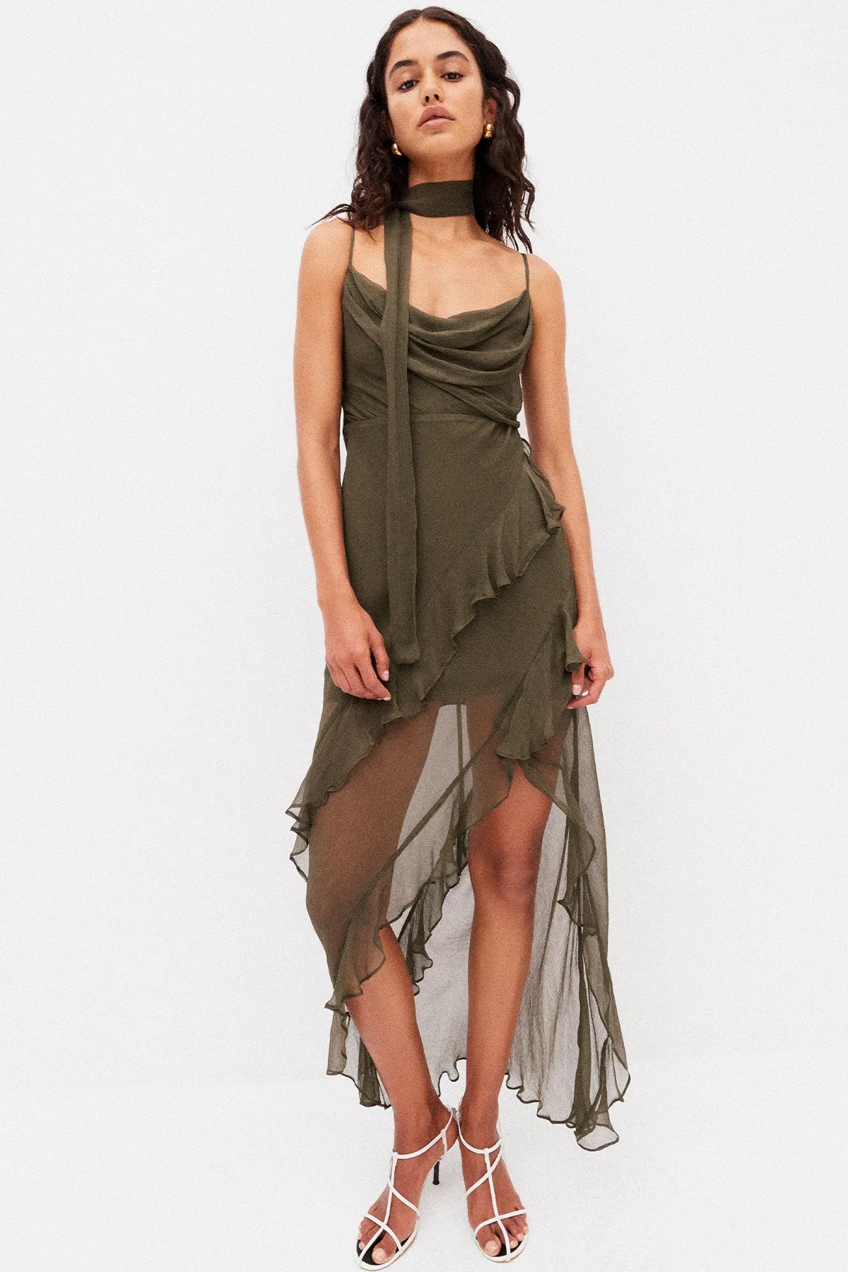 ODEN COWL NECK ASYMMETRICAL MAXI DRESS - OLIVE