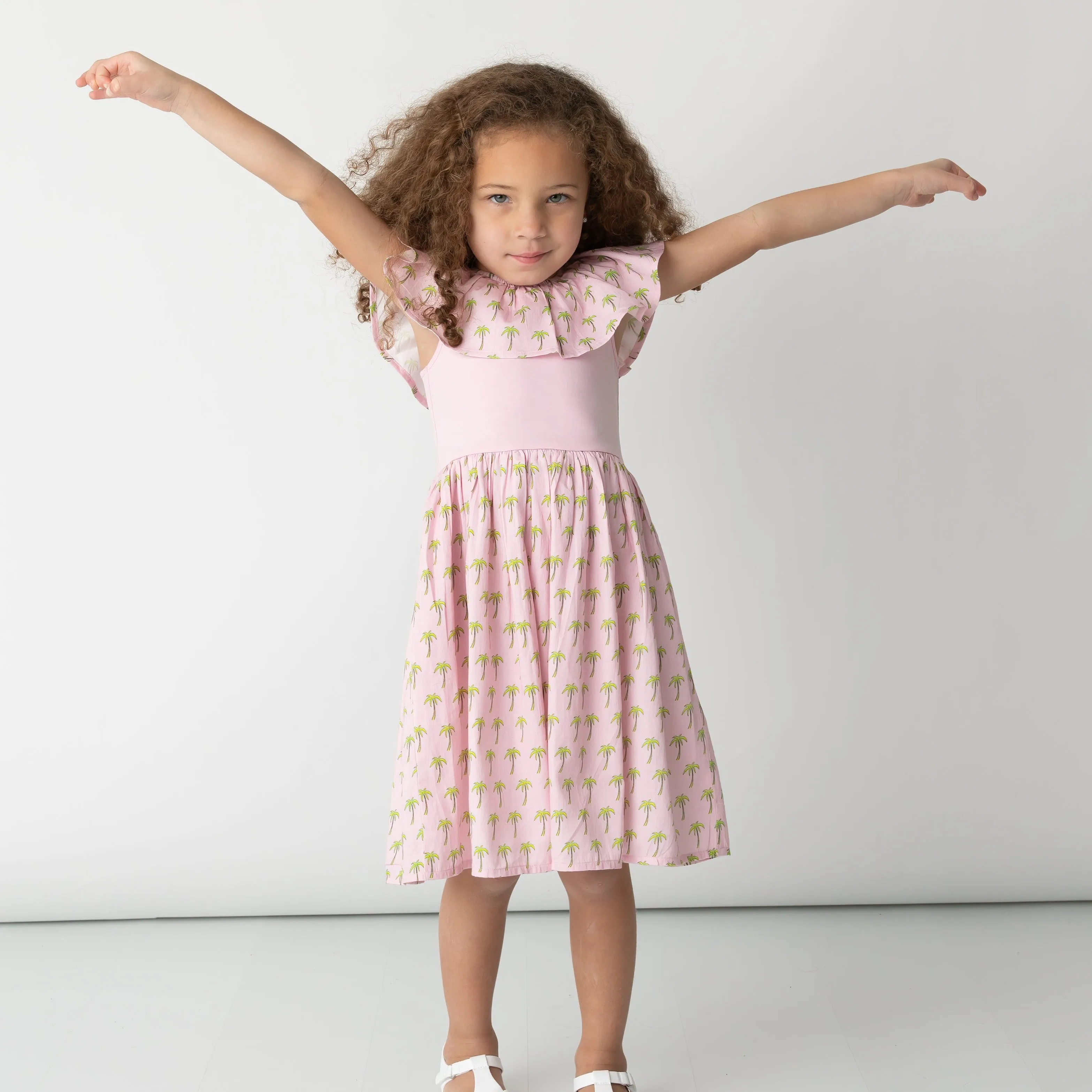 Pink Palms Mixed Fabric Ruffle Dress