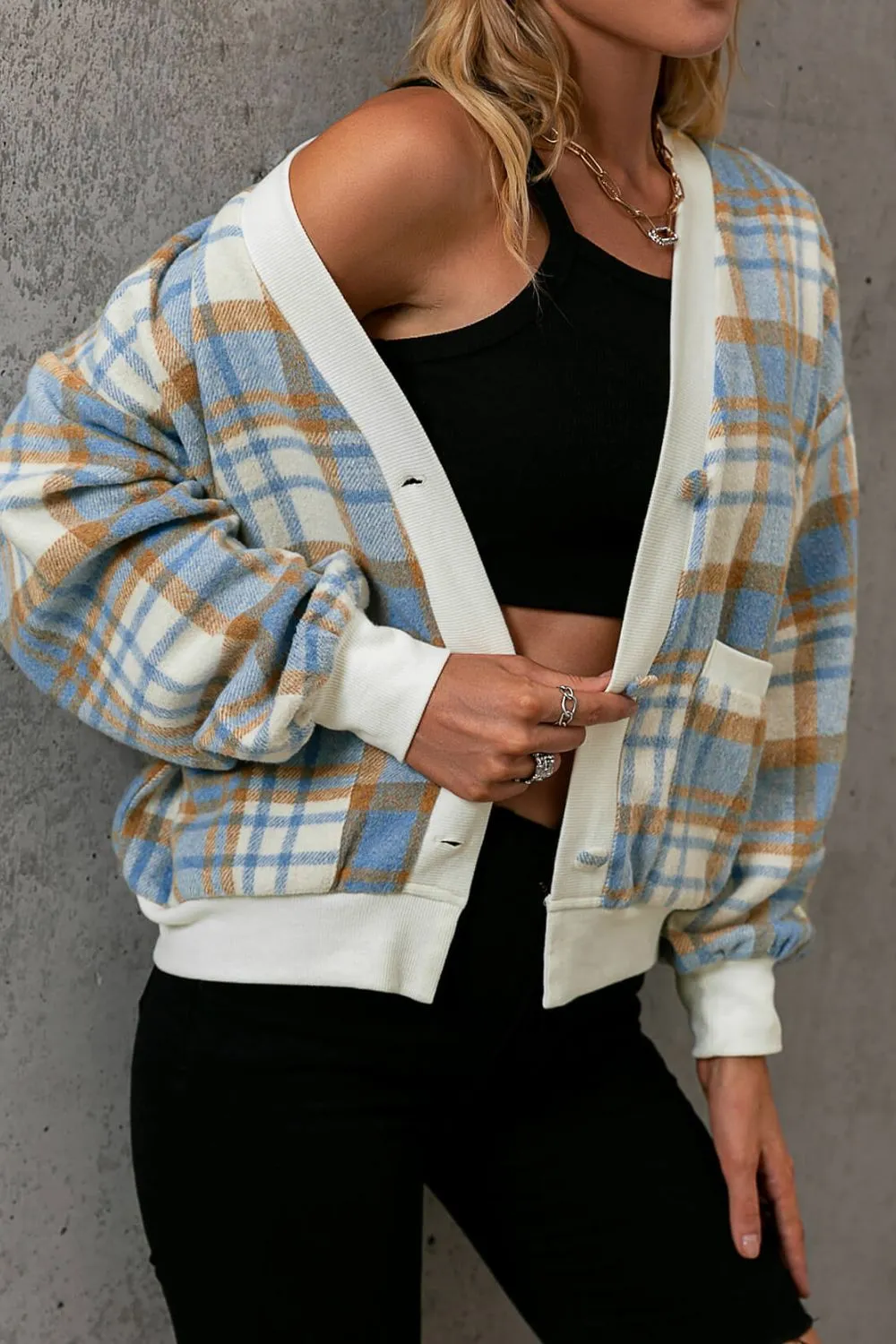 Plaid Button Down Jacket with Pockets