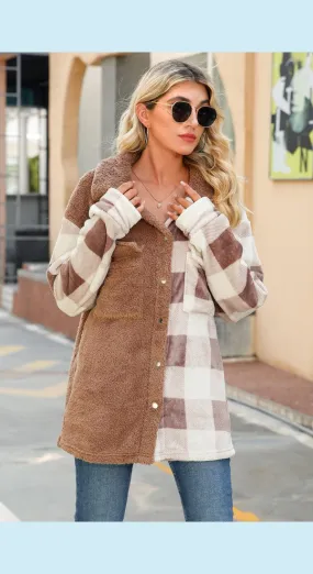 Plaid Contrast Snap Down Teddy Jacket