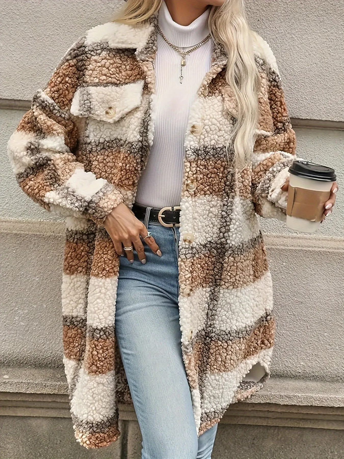 Plaid Pattern Button Front Fuzzy Jacket, Casual Thermal Long Sleeve Long Length Collar Coat For Women