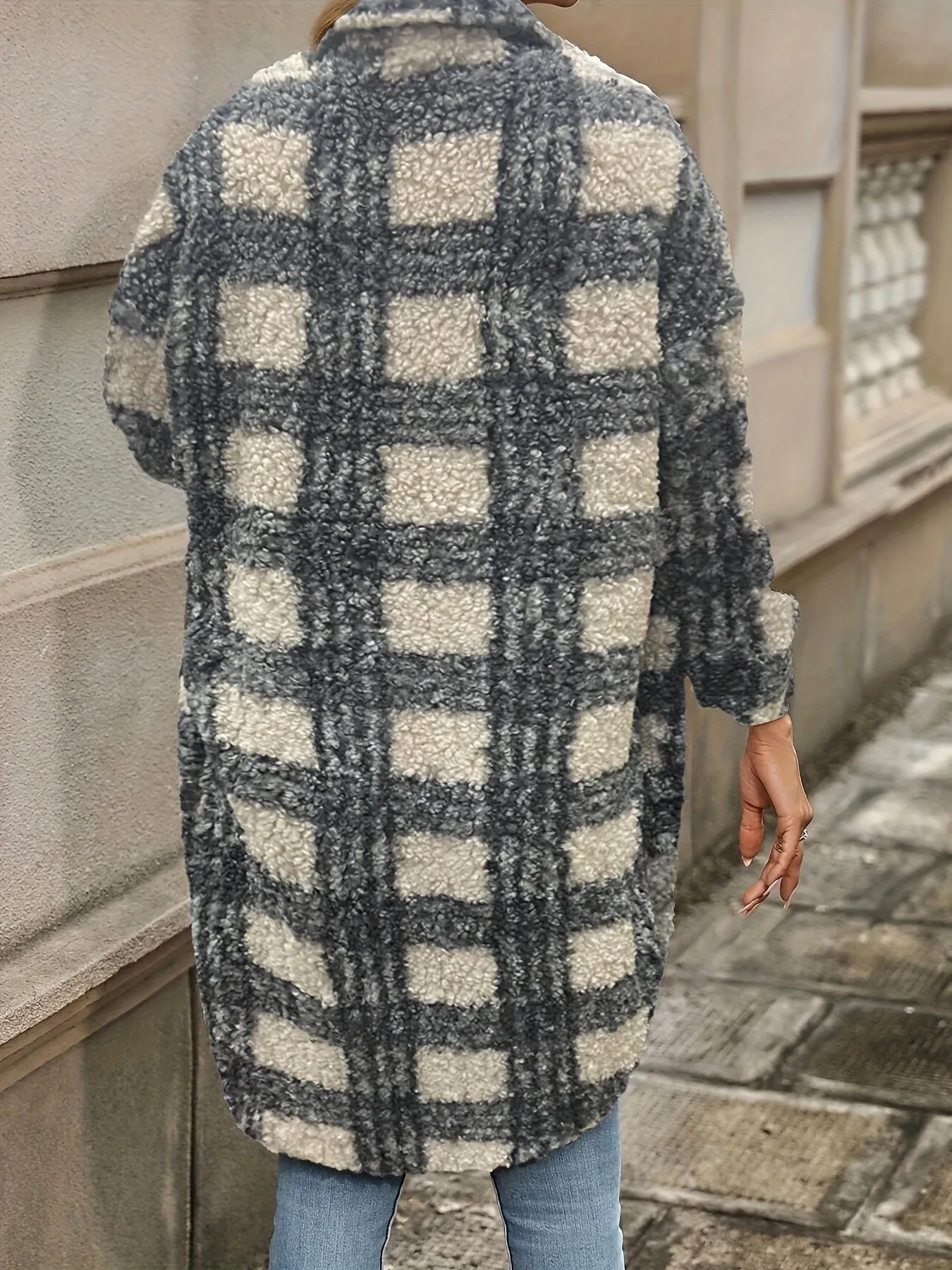 Plaid Pattern Button Front Fuzzy Jacket, Casual Thermal Long Sleeve Long Length Collar Coat For Women