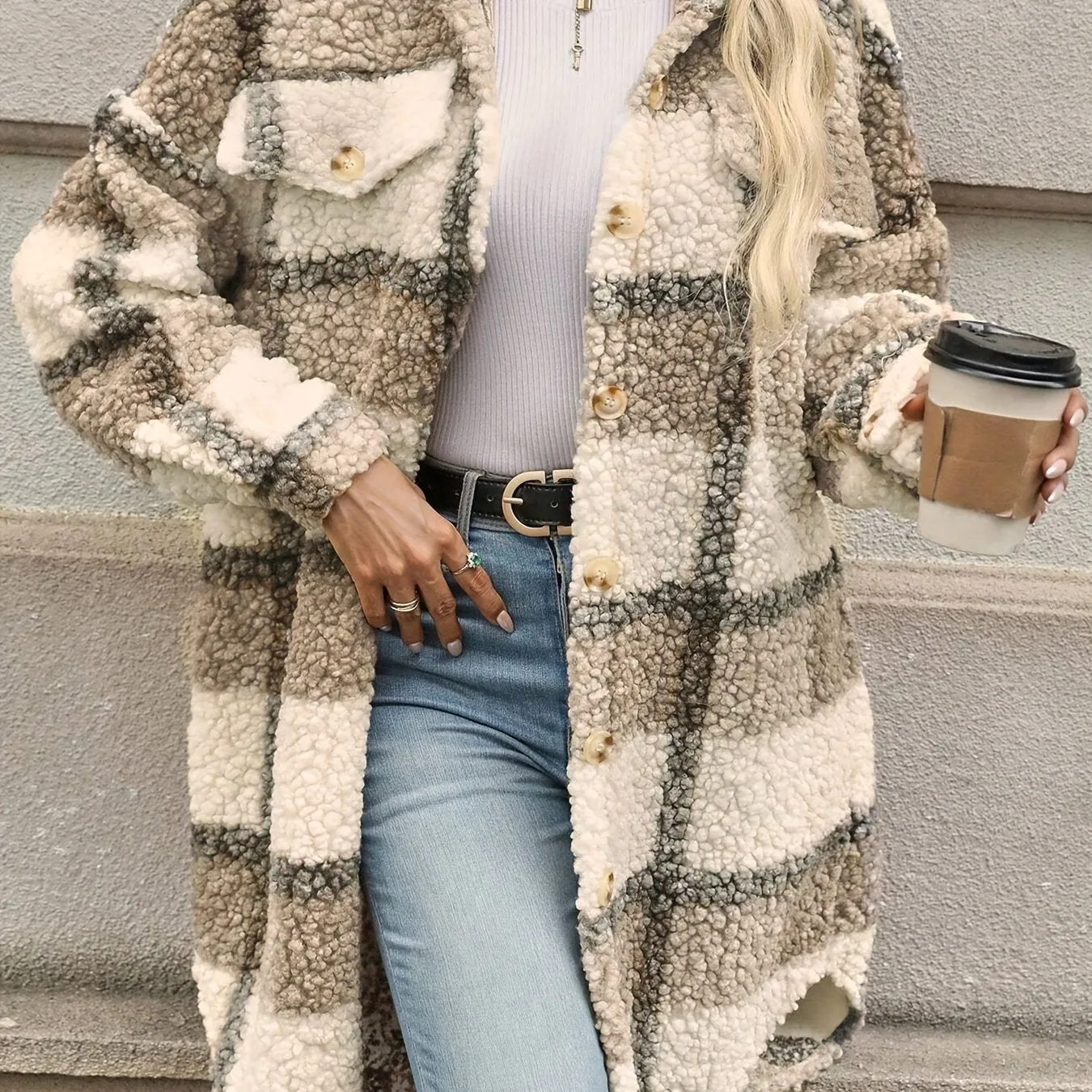 Plaid Pattern Button Front Fuzzy Jacket, Casual Thermal Long Sleeve Long Length Collar Coat For Women