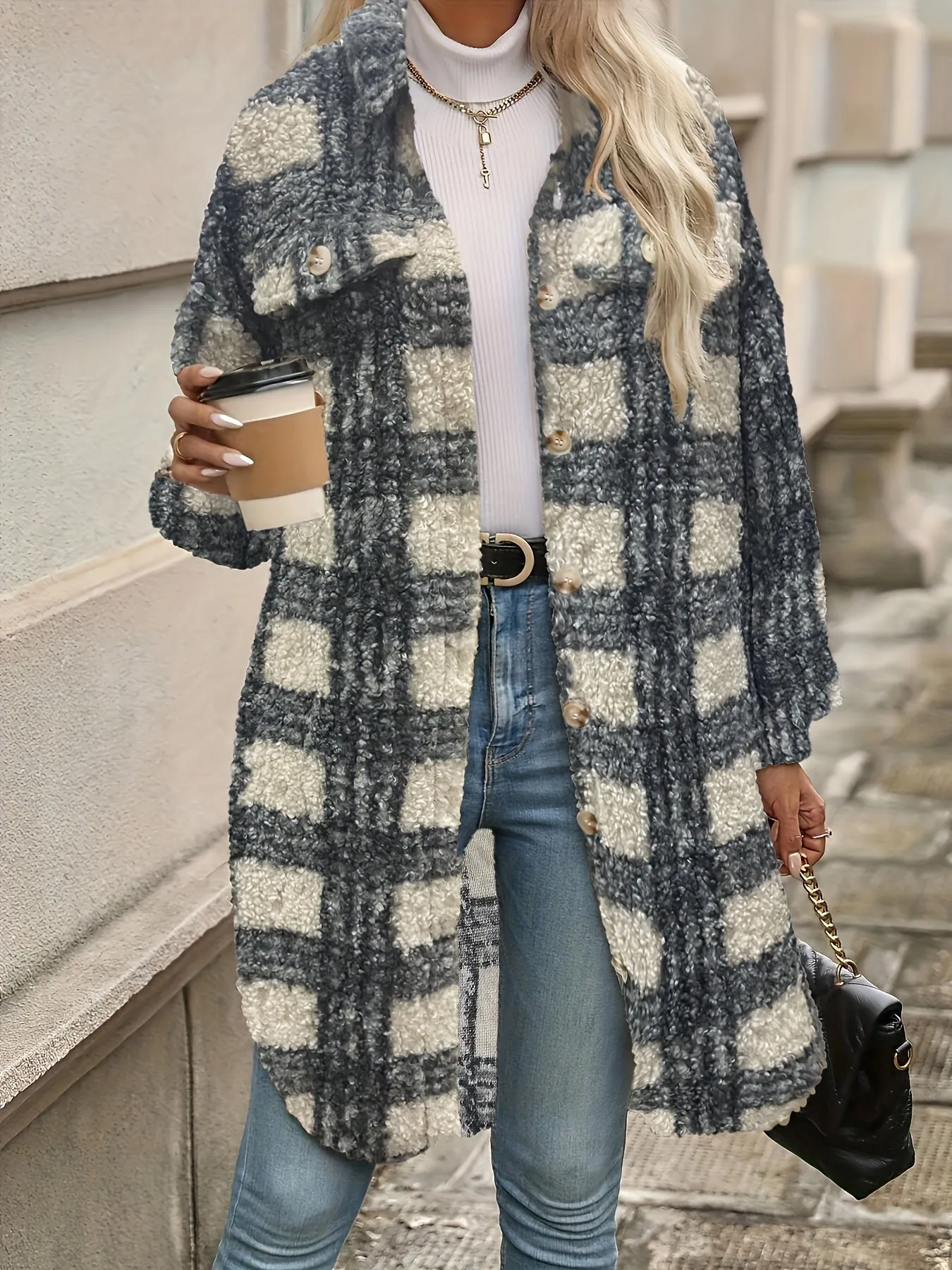 Plaid Pattern Button Front Fuzzy Jacket, Casual Thermal Long Sleeve Long Length Collar Coat For Women